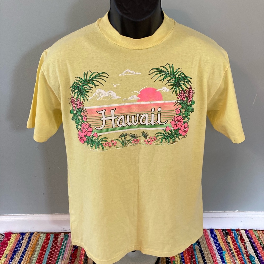1989 Hawaii Neon Hibiscus Sunset Shirt Vintage 80s Tee Dukes Aloha Waikiki Maui